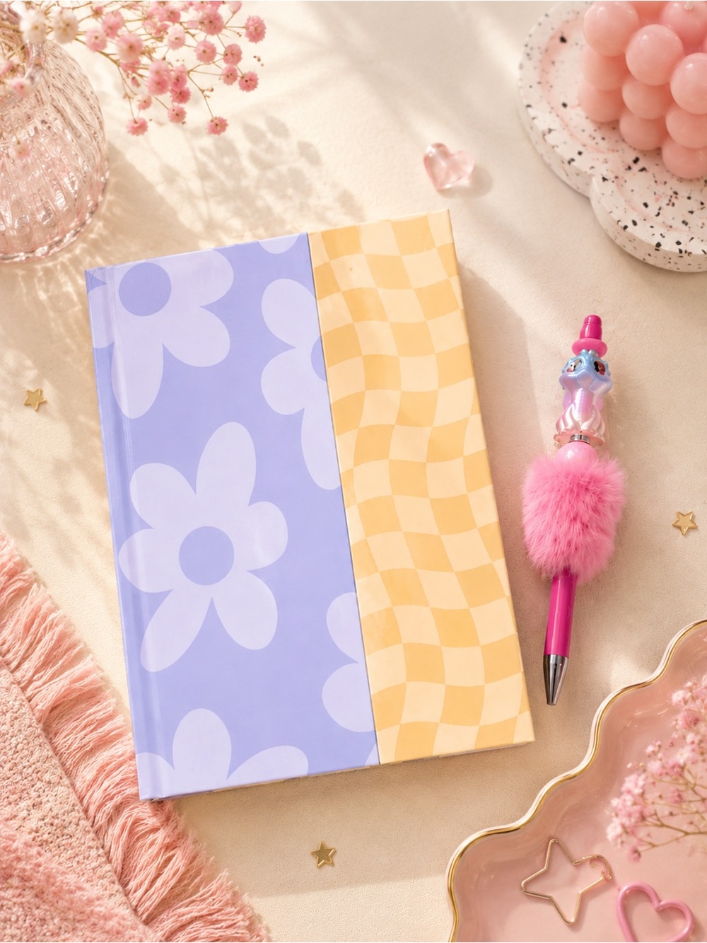 Floral & Check Kids Journal with Pink dragon Pom-Pom Pen handmade